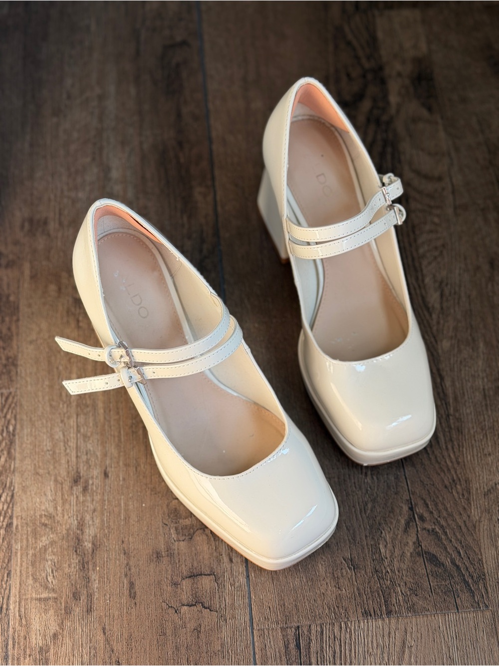 Aldo Cream Patent Mary Jane Block Heels